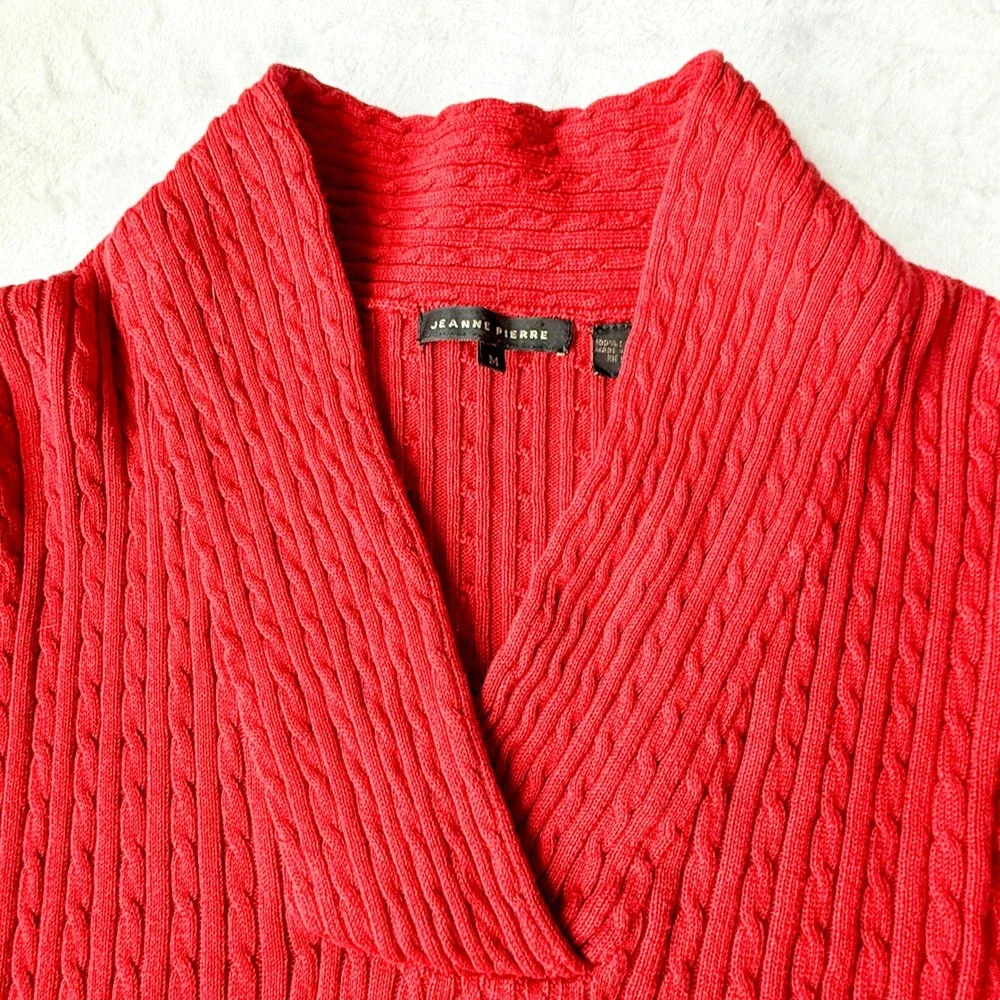 Jeanne Pierre Cable Knit Shawl Collar Sweater Medium Coral Red Coastal Preppy